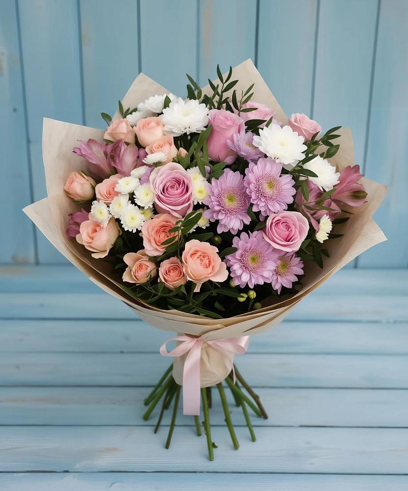 Букет цветов из: Хризантемы, Розы и Альстромерии в Саргатском