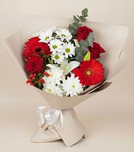 Букет цветов из:  Розы, Хризантемы, Герберы и Лилии в Саргатском