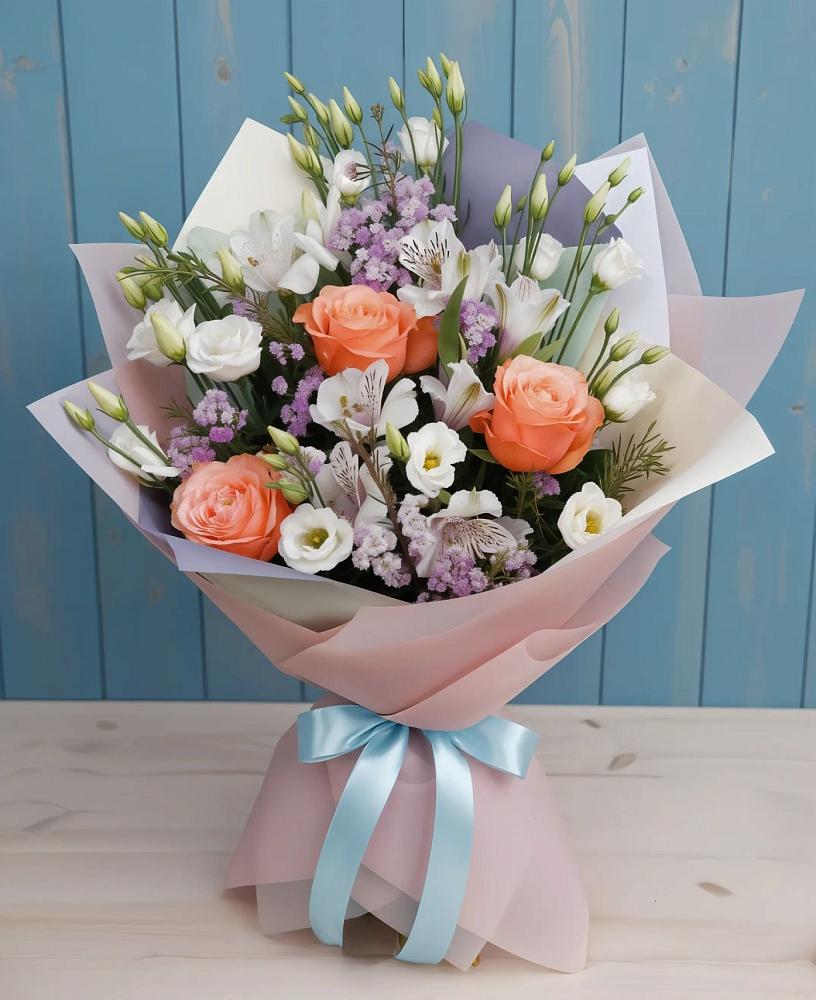 Букет цветов из: Лизиантусы, Розы, Альстромерии и Гипсофила в Саргатском