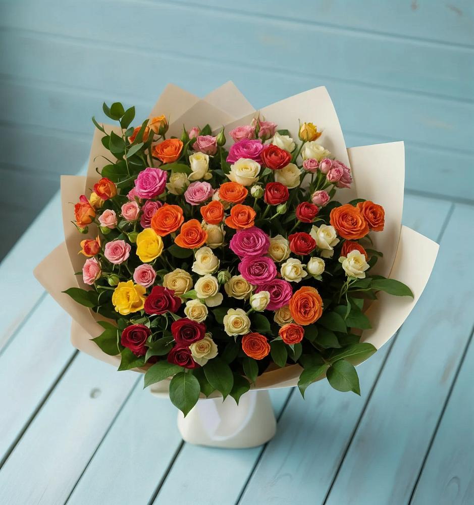 Букет Микс из разноцветных кустовых роз в Саргатском