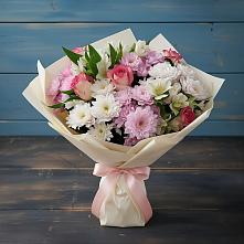 Букет цветов из:  Хризантемы, Альстромерии и Розы #REPLACE_PRED# Саргатском