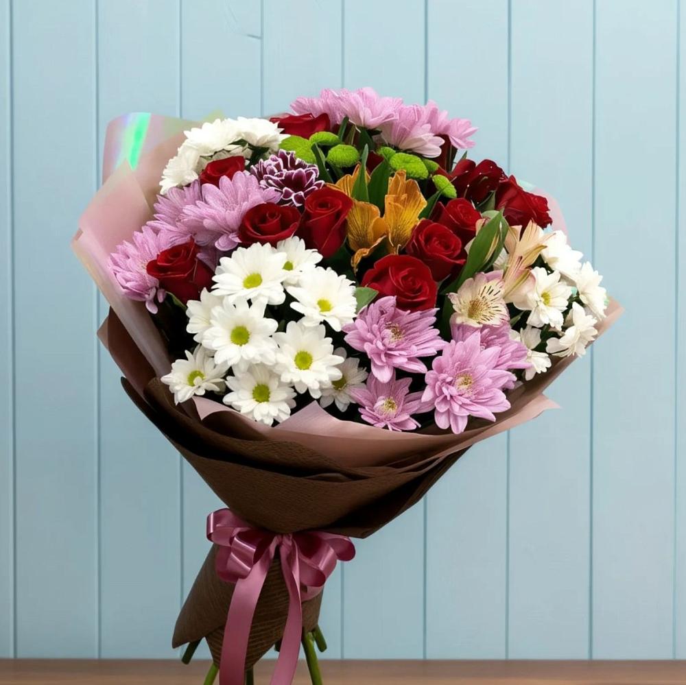 Букет цветов из: Розы, Хризантемы и Альстромерии в Саргатском