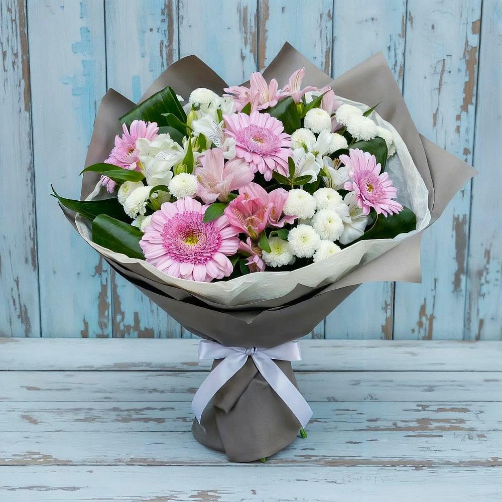 Букет цветов из: Герберы, Альстромерии и Хризантемы в Саргатском