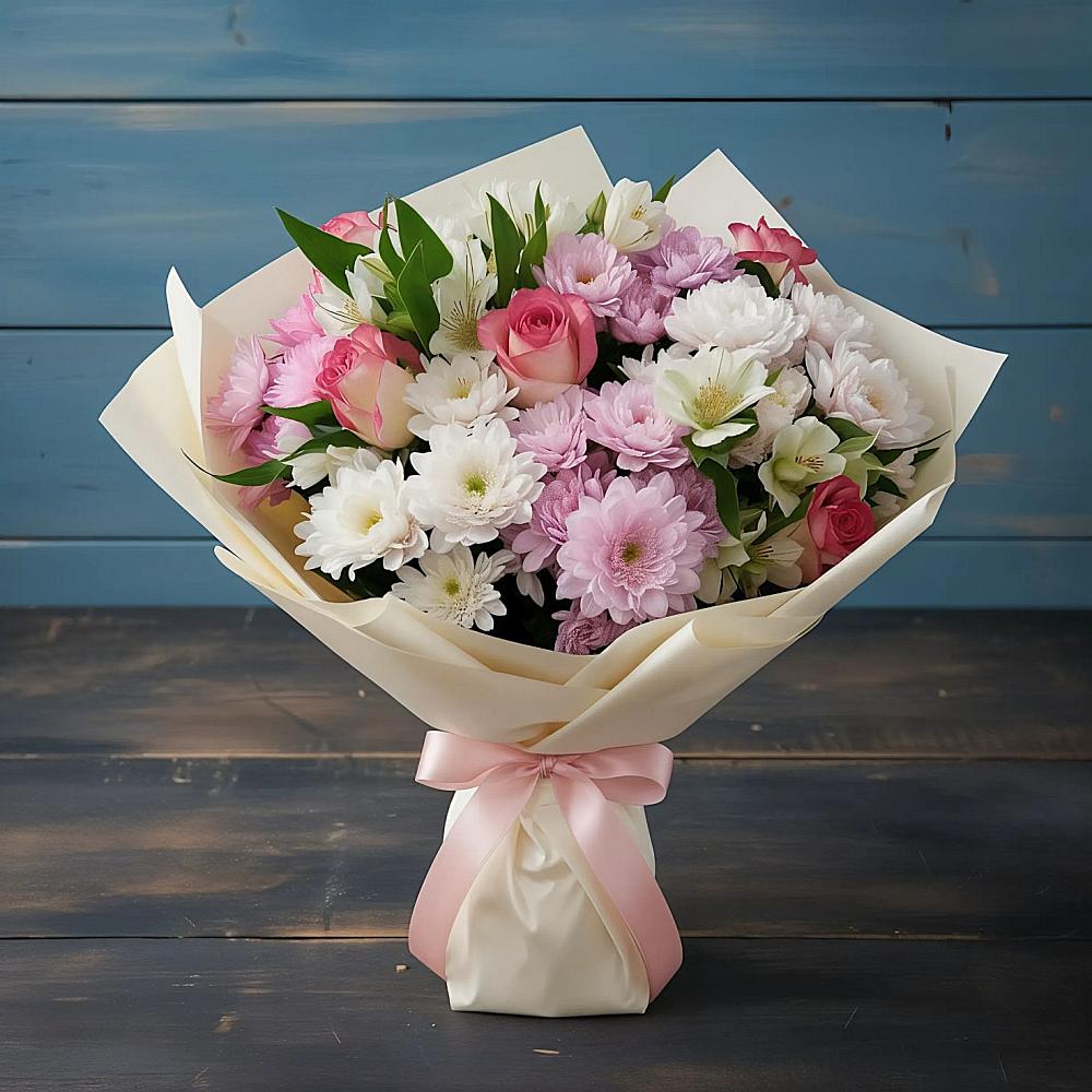 Букет цветов из: Хризантемы, Альстромерии и Розы в Саргатском